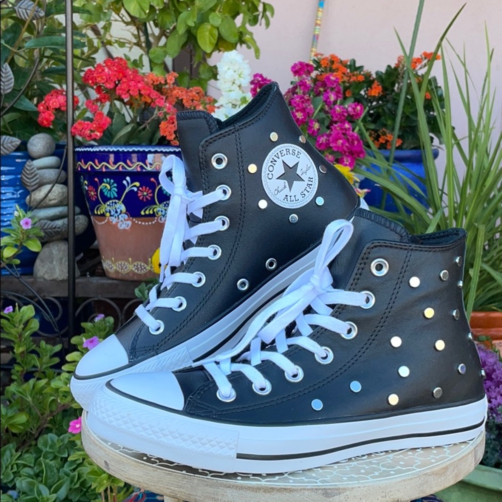 Leather & Silver Studded Converse Hi Tops Sz 7 - Picture 8 of 16